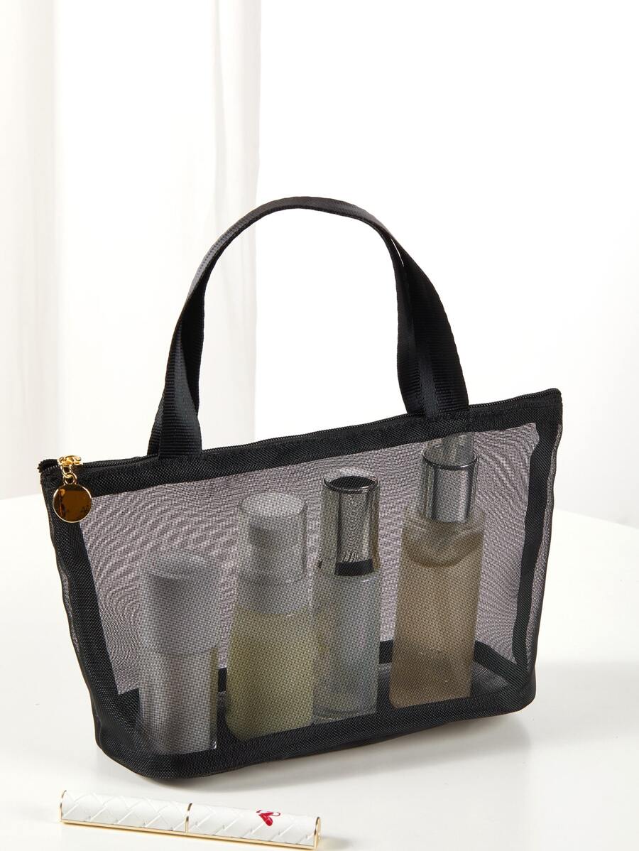 大型攜帶式黑色網格化妝包，帶手提把手，適合旅行、海灘、化妝品收納及整理，包括化妝刷收納隔層，適合女性和女孩收納化妝品及用品的化妝品收納盒 - 黑色 - 查看 1