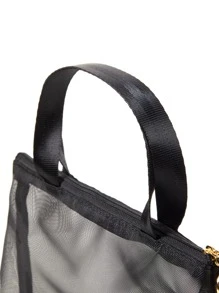 大型攜帶式黑色網格化妝包，帶手提把手，適合旅行、海灘、化妝品收納及整理，包括化妝刷收納隔層，適合女性和女孩收納化妝品及用品的化妝品收納盒 - 黑色 - 查看 6