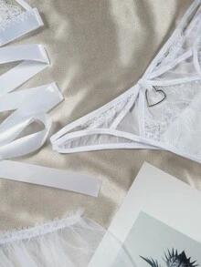 Ren gợi cảm Với Bowknot Đồ trang trí Bộ - trắng - Xem 5