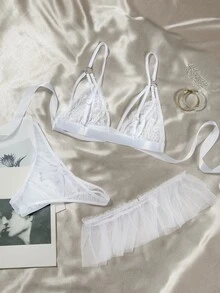 Ren gợi cảm Với Bowknot Đồ trang trí Bộ - trắng - Xem 2