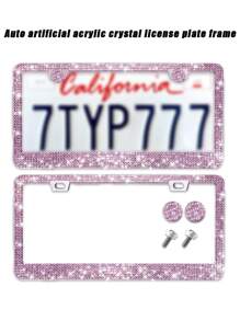 1set Rhinestone Decor Stainless Steel Car License Plate Frame