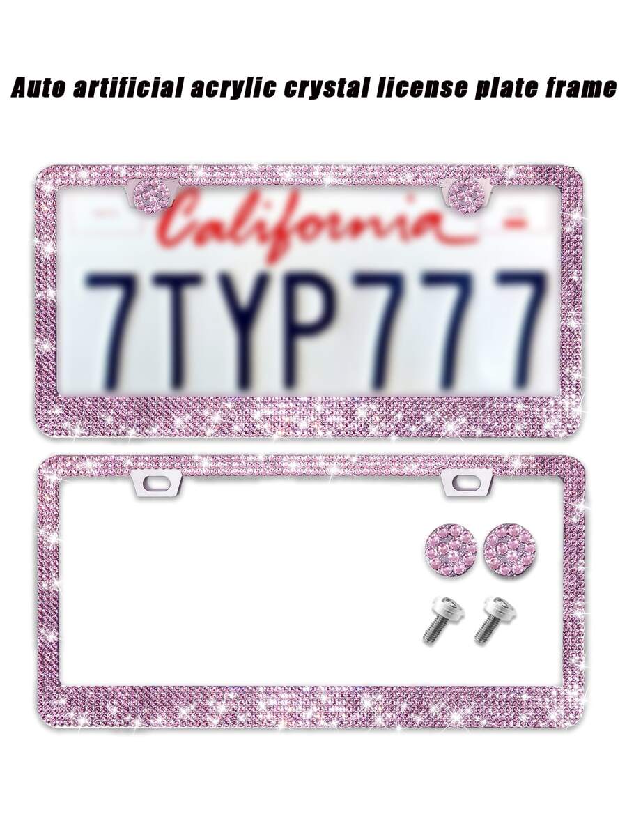 1set Rhinestone Decor Stainless Steel Car License Plate Frame