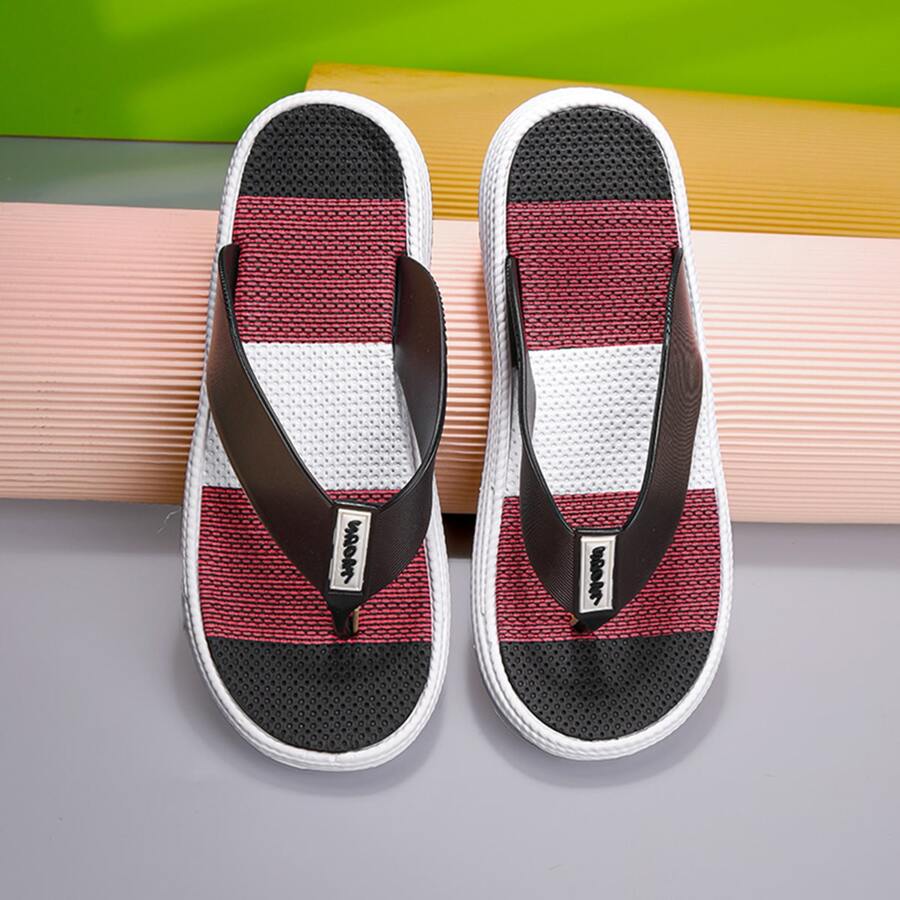 女式撞色厚底防滑T型帶拖鞋，時尚百搭軟底沙灘涼鞋，水上運動，大碼36-41 - 黑色 - 查看 1