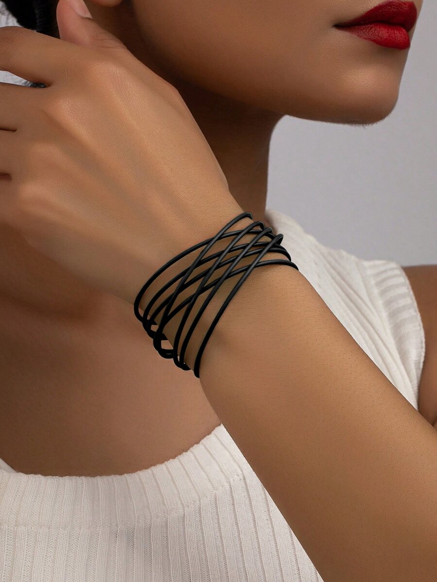 1pc Black Summer Fashionable Simple Linear Cuff Bracelet For Casual Style