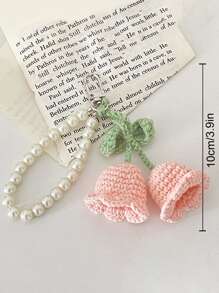 Women Faux Pearls Chain Knitted Flower Pendant Keychains For Keys Bag Car Decorative Keyring Accessories Car Accessories Women Key Chain Charms Crochet Wristlet Keychain Plush Keychain Crochet School Supplies Teacher Gifts Back To School Teacher Accessories - Pink - View 2
