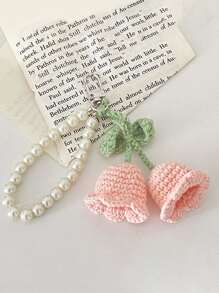 Women Faux Pearls Chain Knitted Flower Pendant Keychains For Keys Bag Car Decorative Keyring Accessories Car Accessories Women Key Chain Charms Crochet Wristlet Keychain Plush Keychain Crochet School Supplies Teacher Gifts Back To School Teacher Accessories - Pink - View 1