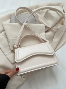 Fashionable Solid Colour Simple Flip Retro Handbag - Beige - View 6