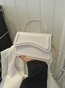 Fashionable Solid Colour Simple Flip Retro Handbag - Beige - View 2