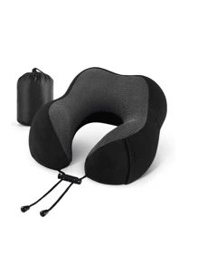 Gối du lịch có túi đựng, gối cổ và tựa đầu bằng mút hoạt tính tốt nhất, có túi đựng bên hông, thích hợp cho giấc ngủ, nghỉ ngơi, máy bay, ô tô, gia đình và du lịch (Đen) - màu đen - Xem 1