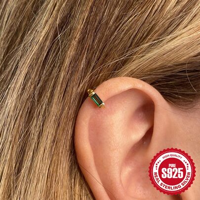 1 Đôi bông tai kiểu Pháp ôm sát, đính đá Cubic Zirconia màu xanh lá cây, bạc Sterling S925, tinh tế, thích hợp đeo hàng ngày cho nữ.