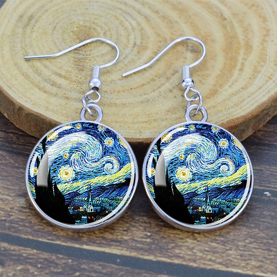 1對星夜和月亮形狀玻璃圓頂懸垂耳環 - 7 - 查看 1