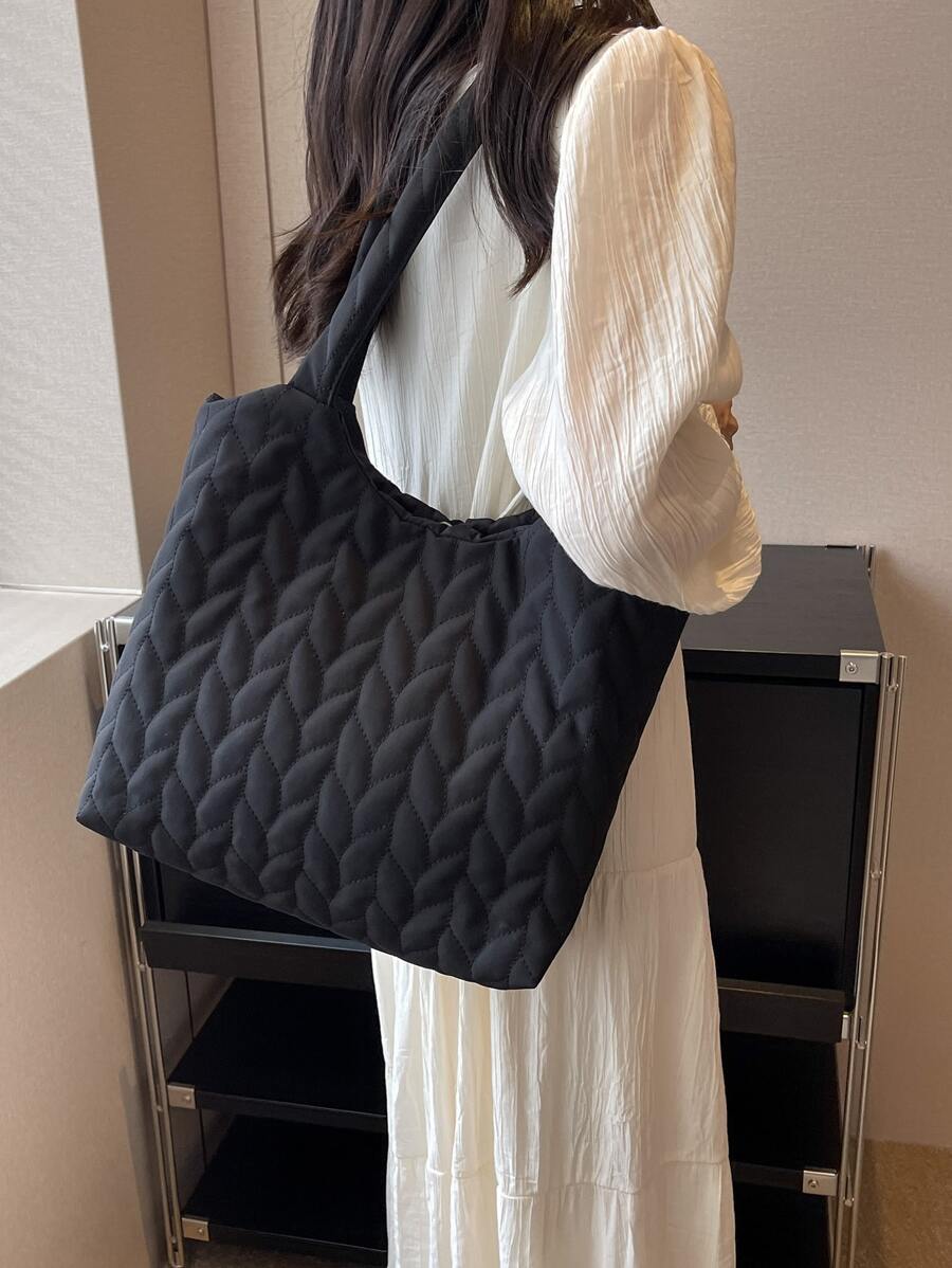 簡約風和時尚大容量素色車縫線托特包 - 黑色 - 查看 1