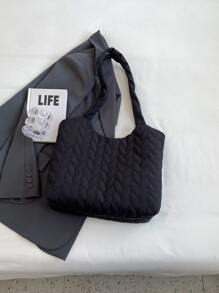 簡約風和時尚大容量素色車縫線托特包 - 黑色 - 查看 4