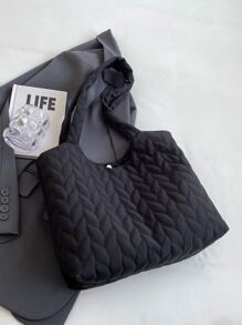 簡約風和時尚大容量素色車縫線托特包 - 黑色 - 查看 6