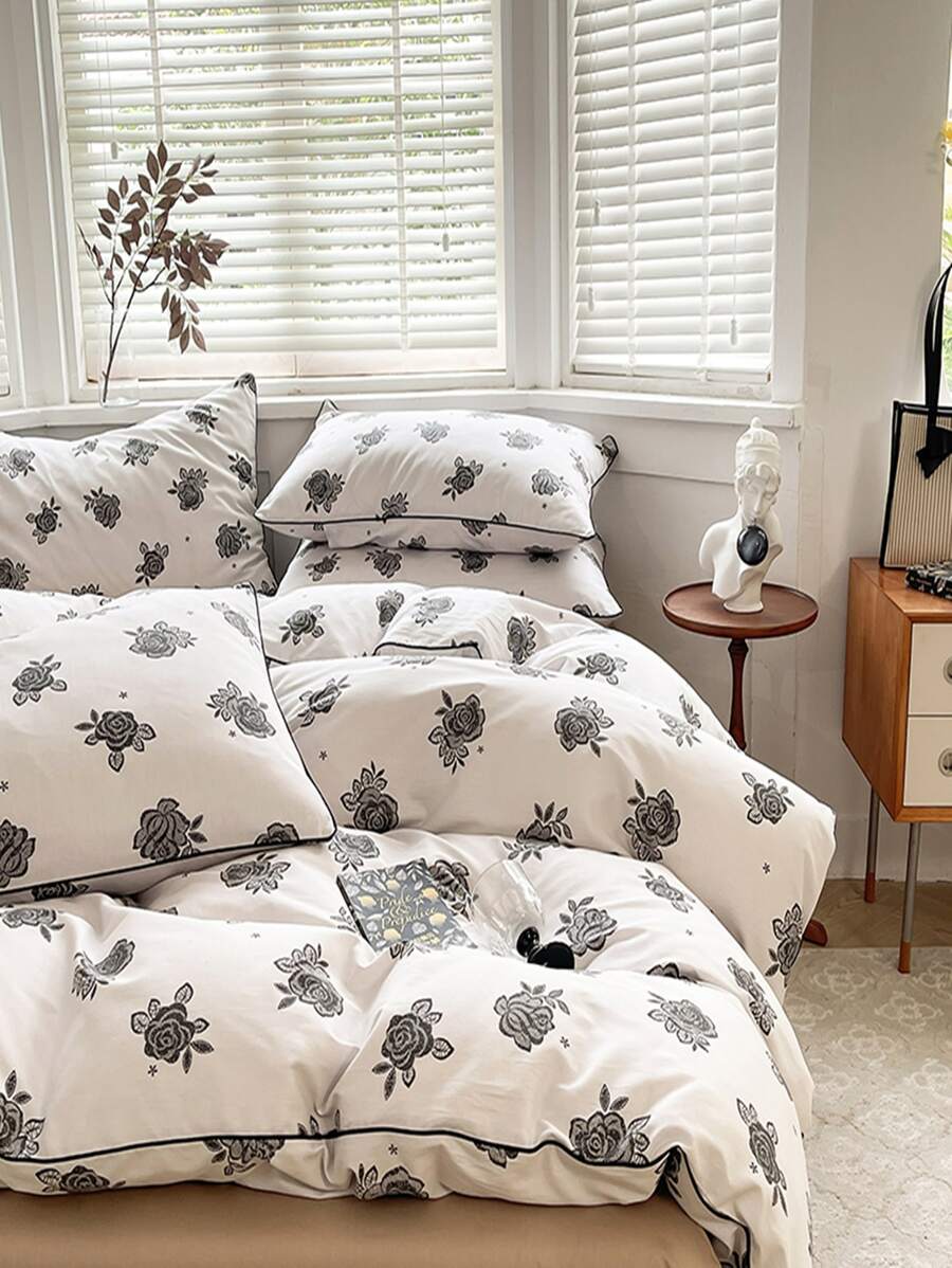 4pcs Modern French Style Floral Elegant Bedding Set - màu đen - Xem 1