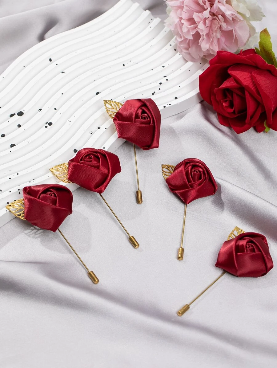 5 bông hoa cài ngực sang trọng cho cô dâu với lá vàng và hoa hồng đỏ, phù dâu phù rể cài áo cưới Halloween - Màu Hoa hồng đỏ - Xem 1