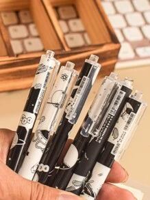 MOKA 6入組中性筆,卡通黑白太空人設計,日式黑色油墨筆,適用於學校辦公室文具、學生文具 - 黑與白 - 查看 6