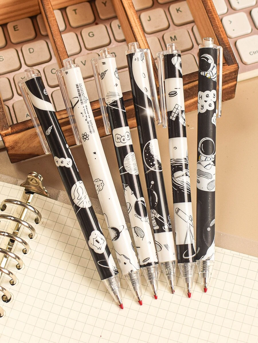 MOKA 6入組中性筆,卡通黑白太空人設計,日式黑色油墨筆,適用於學校辦公室文具、學生文具 - 黑與白 - 查看 1