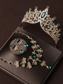 4 件套女士新娘绿色皇冠项链和耳环套装，精致婚礼派对配饰组合皇家头饰万圣节圣诞节 - 軍綠色 - 查看 2