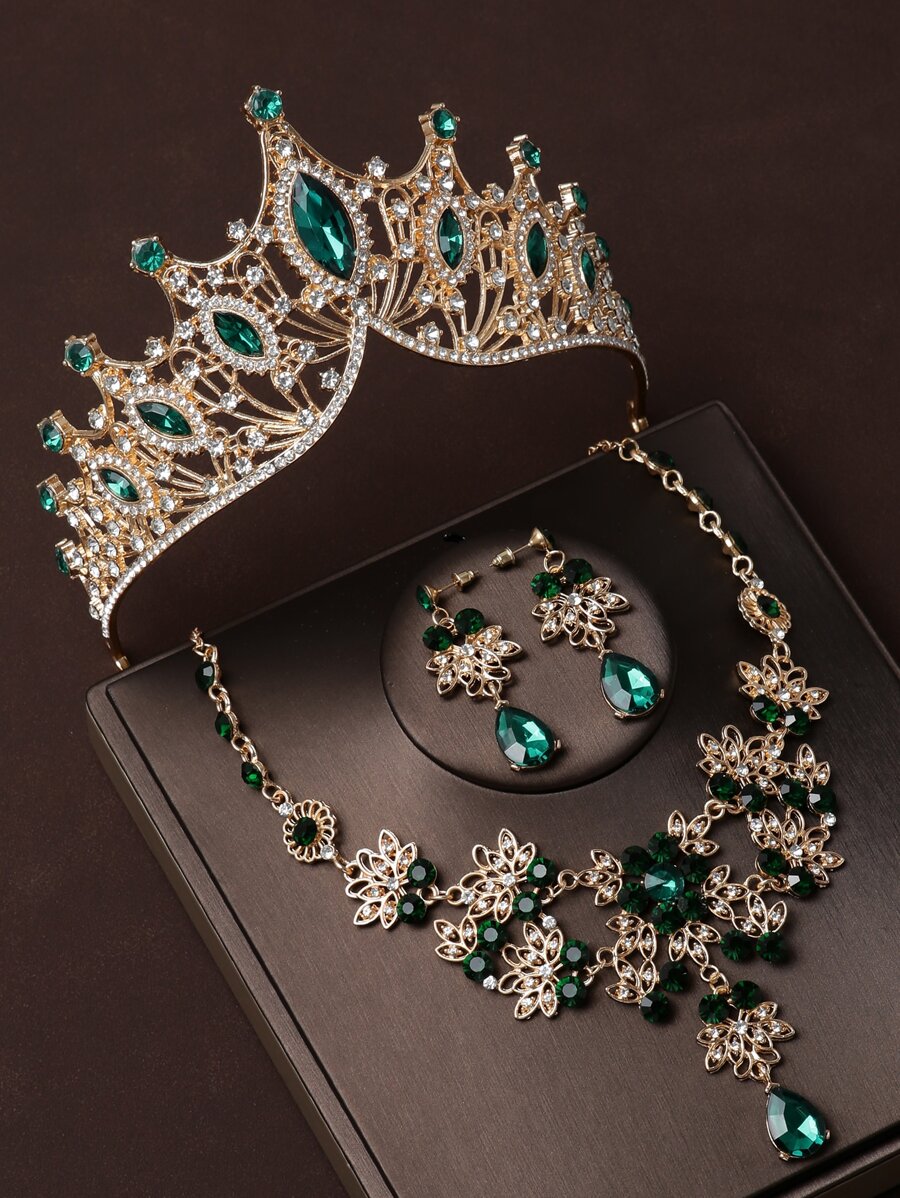 4 件套女士新娘绿色皇冠项链和耳环套装，精致婚礼派对配饰组合皇家头饰万圣节圣诞节 - 軍綠色 - 查看 1