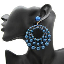 珍珠耳環、圓形吊墜耳環、女士時尚首飾、波西米亞耳環、女士吊墜耳環、禮品批發 - 寶藍色 - 查看 1