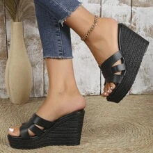 2023 nuevo estilo cómodo de mujeres Zapatos con cuña Tacones con grueso - Negro - Ver 3