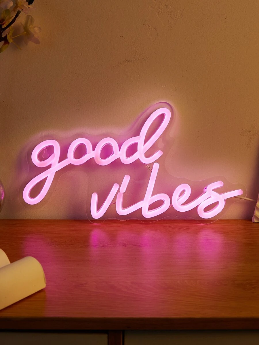 CHI-BUY 1pc Goodvibes Led Neon Sign Usb Powered Wall Neon Signs For Bedroom Home Wedding Party Decoration - 粉色 - 查看 1