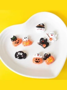 10入組萬聖節派對diy樹脂飾品,包括耳環、髮夾、文具、手機殼、鑰匙扣、杯子、鞋扣、冰箱貼片(不含磁鐵)和貼紙材料,免費附送雙面膠