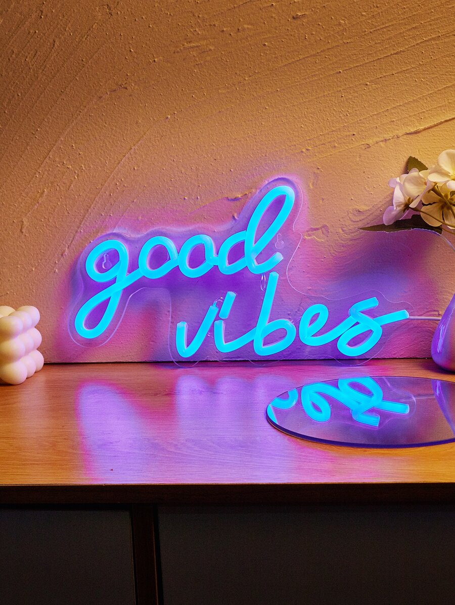 CHI-BUY 1pc Goodvibes Led Neon Sign Usb Powered Wall Neon Signs For Bedroom Home Wedding Party Decoration - 藍色 - 查看 1