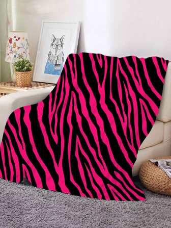 Pink & Black Zebra Printed Flannel Blanket, Super Soft And Warm, Suitable For Girls And Boys