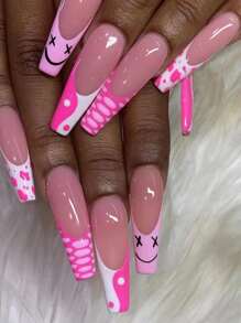 Phong Cách Pháp Màu Hồng Da Báo & Thiết Kế Mặt Cười Ấn Vào Móng Tay, 24 Chiếc Full Cover Móng Tay Giả & 1 Băng Keo 2 Mặt & 1 Dũa Móng Tay - Nhiều màu - Xem 1