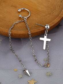 1入組時尚銅鏈流蘇十字架吊墜耳環適合女士適用於裝飾用品禮品派對 - 銀色 - 查看 3