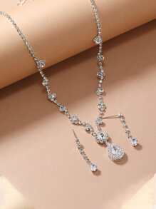 1套時尚簡約風和優雅婚禮耳環和項鏈套裝適用於晚上派對 - 銀色 - 查看 2