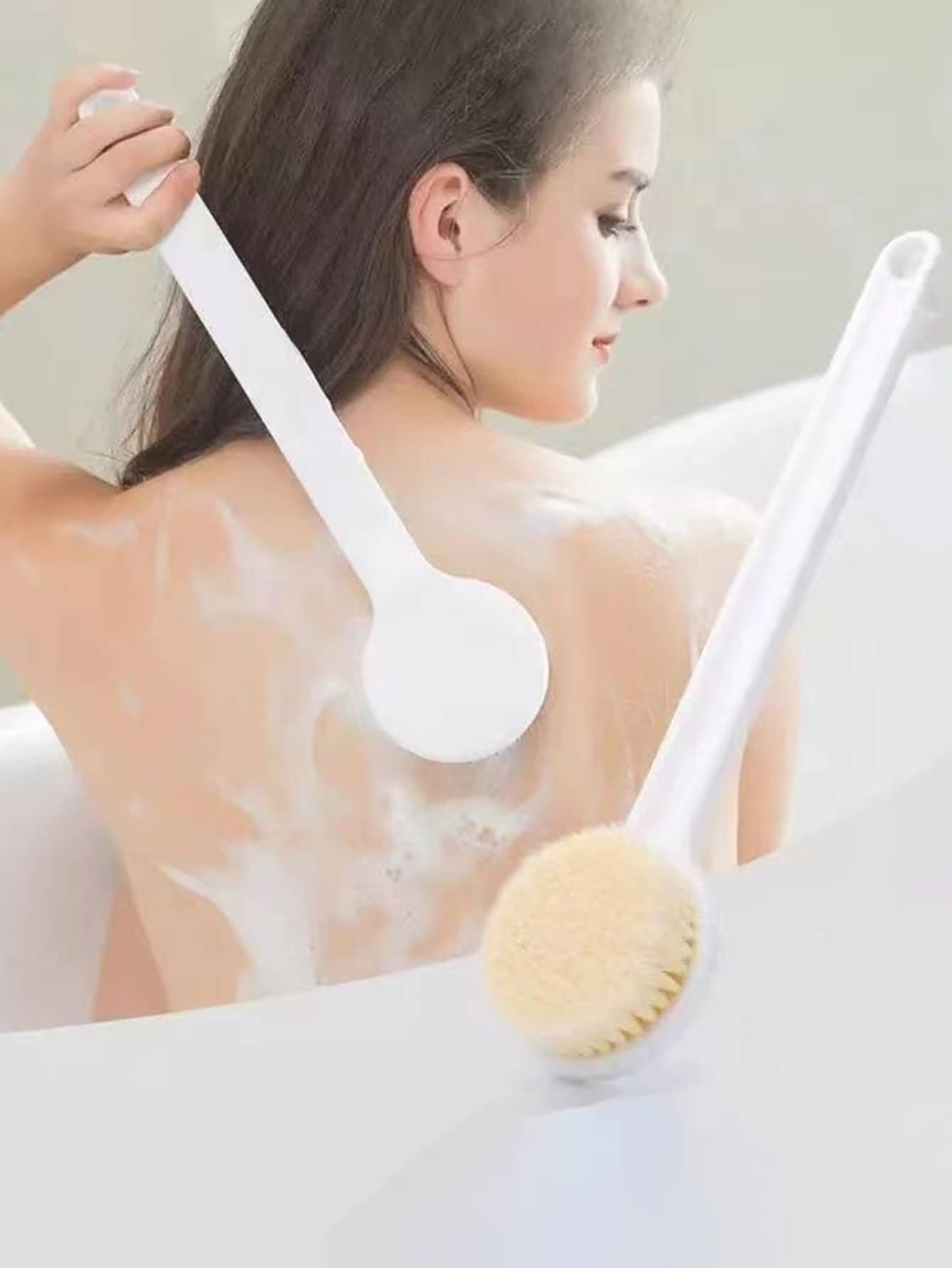 1pc Bathing Back Scrubber Soft Bristle Brush For Back Cleaning, Perfect Shower Accessory,Bag,Organizer,Storage,Hair Clips - White - View 1
