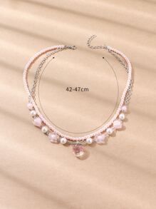 一件歐美甜美多層珠串心形花鏈草莓吊墜項鍊女士 - 彩色 - 查看 6