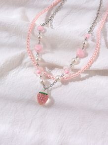 一件歐美甜美多層珠串心形花鏈草莓吊墜項鍊女士 - 彩色 - 查看 5