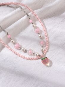 一件歐美甜美多層珠串心形花鏈草莓吊墜項鍊女士 - 彩色 - 查看 4
