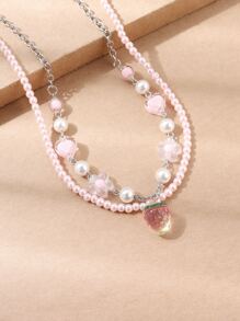 一件歐美甜美多層珠串心形花鏈草莓吊墜項鍊女士 - 彩色 - 查看 1