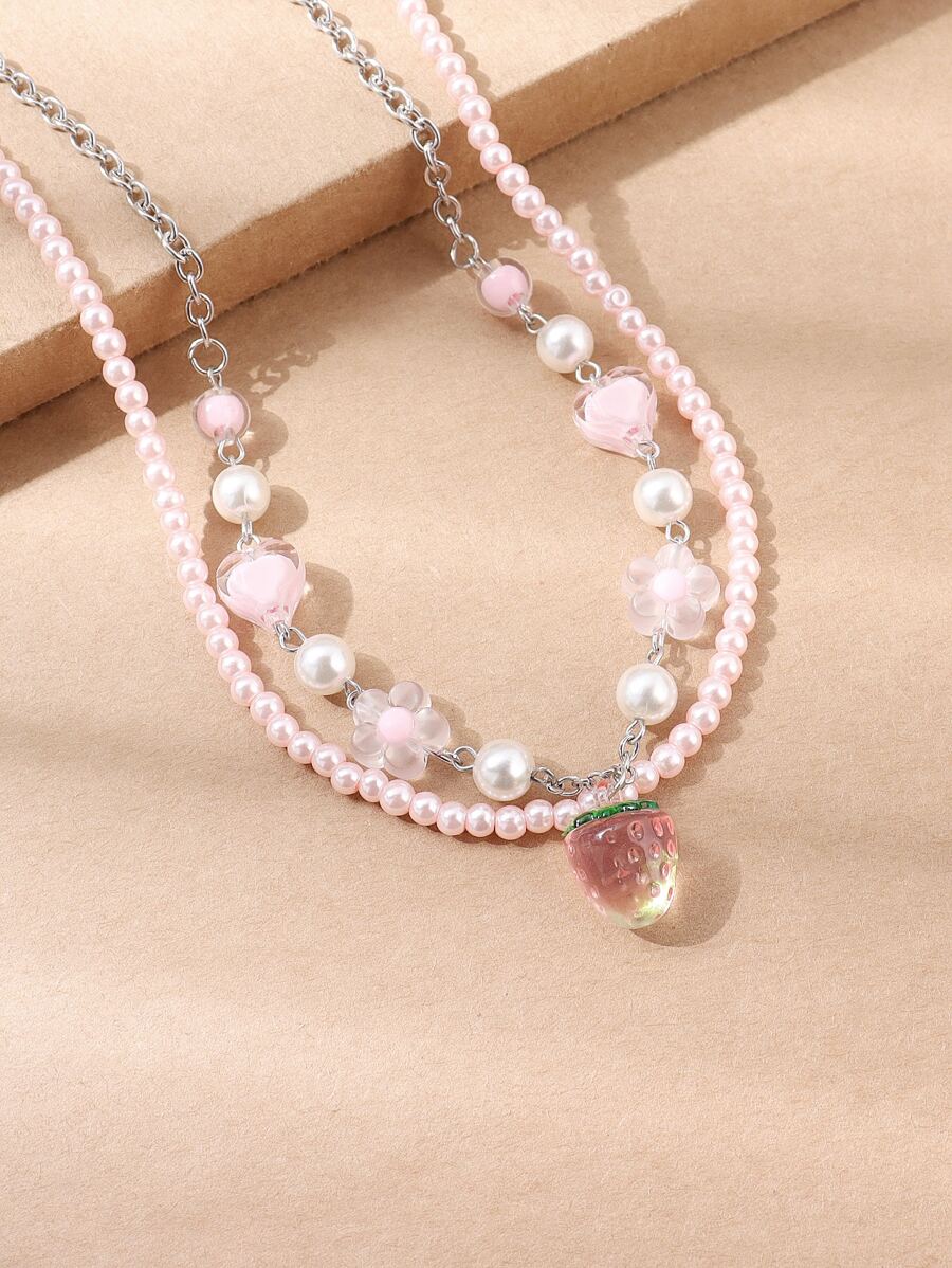 一件歐美甜美多層珠串心形花鏈草莓吊墜項鍊女士 - 彩色 - 查看 1
