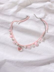 一件歐美甜美多層珠串心形花鏈草莓吊墜項鍊女士 - 彩色 - 查看 2
