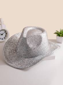1pc Women Solid Boho Sequin Cowgirl Cowboy Fedora Hat For Party Cowboy Hat Cowgirl Hat Halloween - White - View 2