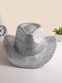 1pc Women Solid Boho Sequin Cowgirl Cowboy Fedora Hat For Party Cowboy Hat Cowgirl Hat Halloween - White - View 3