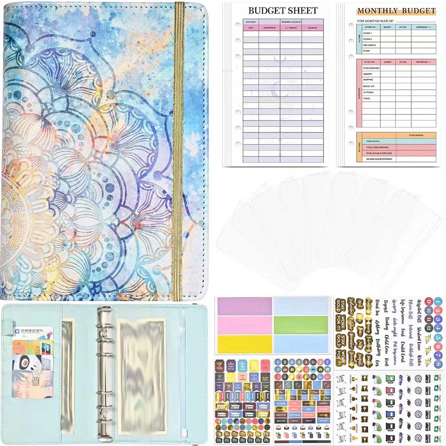 1 Set Mandalas Strap A6 Binder Cover & Cash Envelope Budget Notebook With 8 Zipper Pockets, 12 Budget Sheets, 12 Monthly Budget Sheets And 6 Decorative Stickers - Blue - View 1