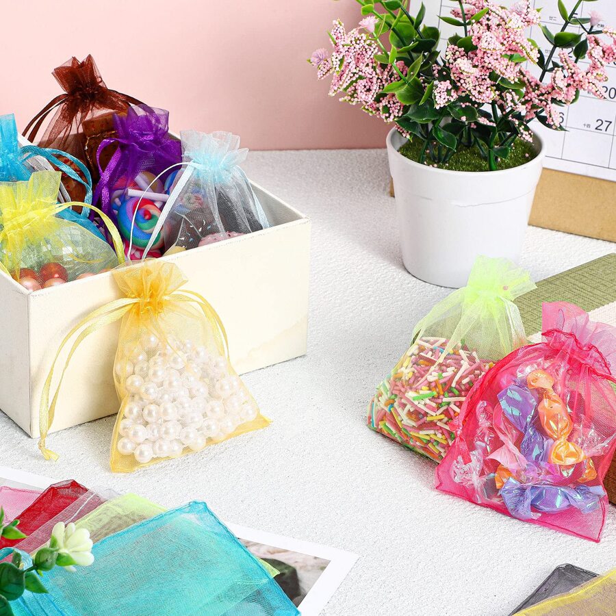 50pcs Organza Gift Bags, Jewelry Pouches, Mesh Drawstring Bags, Wedding