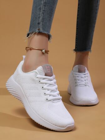 1pair Sporty Non Slip Women Sneakers, White Fabric Breathable Low Top Running Shoes