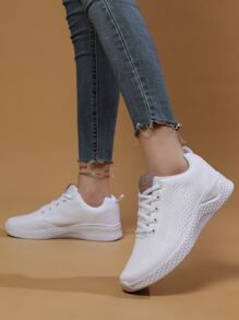 Giày Thể Thao Chống Trơn Trượt Dành Cho Nữ, Phối Ren Phía Trước Miếng Dán Trang Trí Giày Chạy Bộ Thoải Mái - trắng - Xem 2