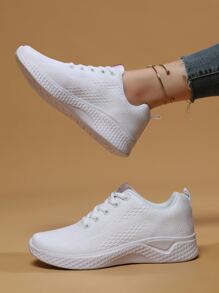 Giày Thể Thao Chống Trơn Trượt Dành Cho Nữ, Phối Ren Phía Trước Miếng Dán Trang Trí Giày Chạy Bộ Thoải Mái - trắng - Xem 3
