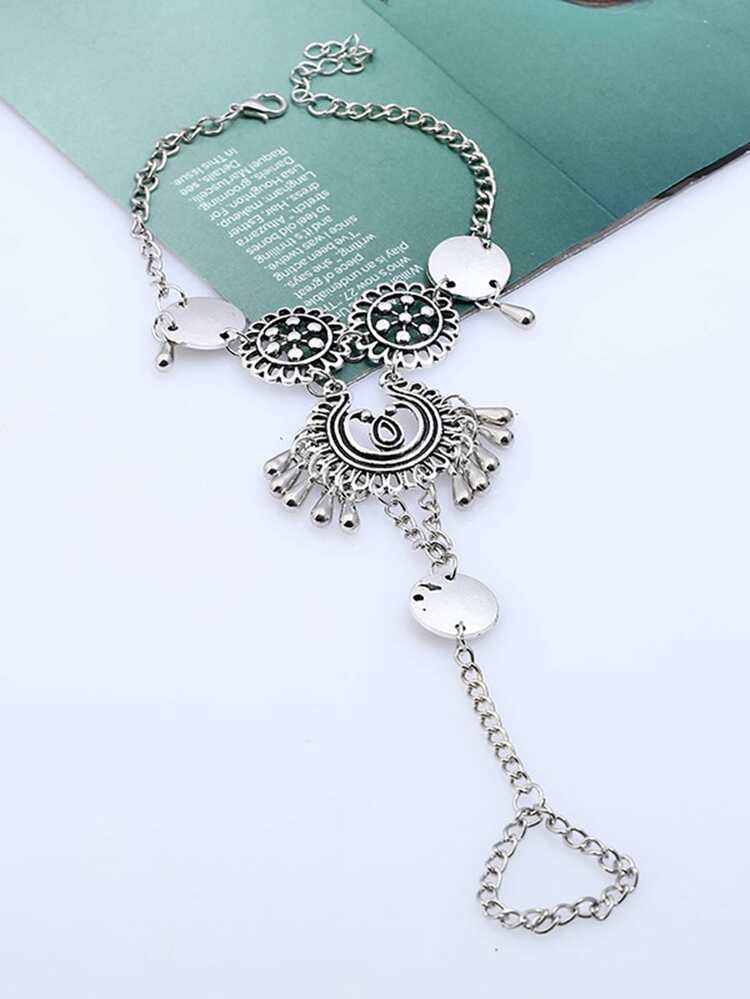 1 pc מינימליסטי בסגנון וינטג' סגסוגת מגולפת פרח וציצית דקור צמיד טבעת אצבע לנשים אבזר חוף - כסף עתיק - ראה 3