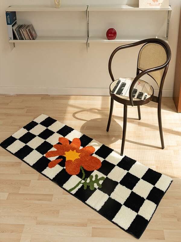 1pc Checkered & Floral Pattern Rug
