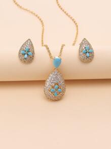 3 件套 18K 镀金水滴形绿松石和方晶锆石耳环项链首饰套装，适合日常佩戴和节日礼物 - 藍色 - 查看 12